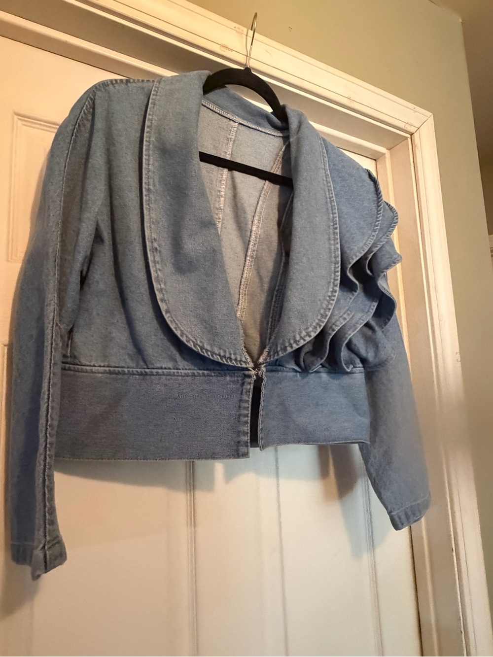 Light Blue Denim Cropped Jacket with Ruffle Detail